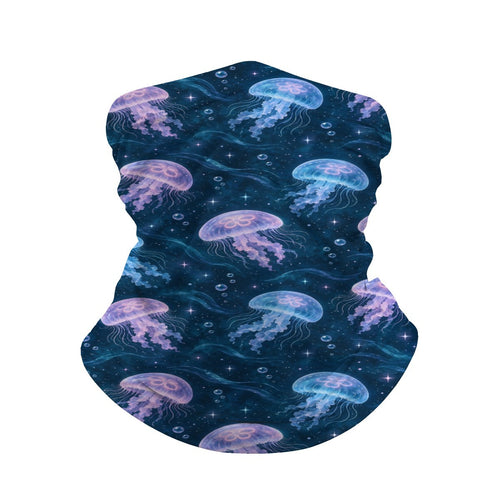 Neck gaiter and diving headband with pink, lilac and blue jellyfish on a deep navy sea