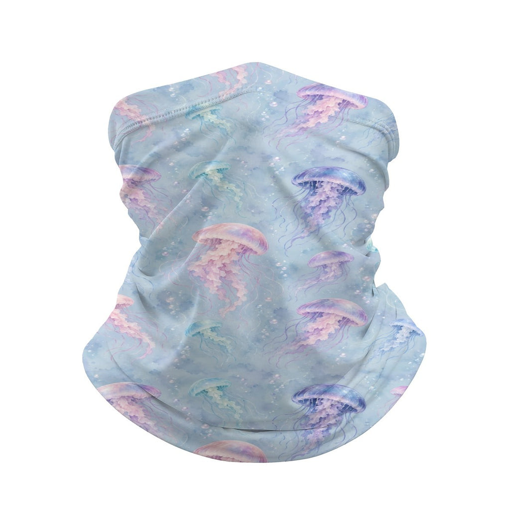 Neck gaiter and diving headband with pastel pink, teal and lilac jellyfish on a muted blue grey background