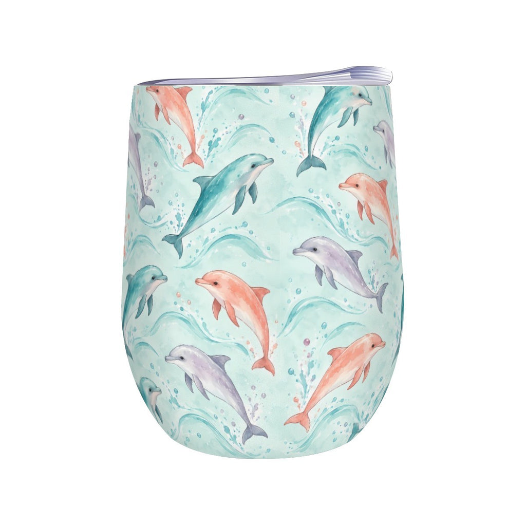 White stemless wine tumbler printed with a repeating pattern of dolphins