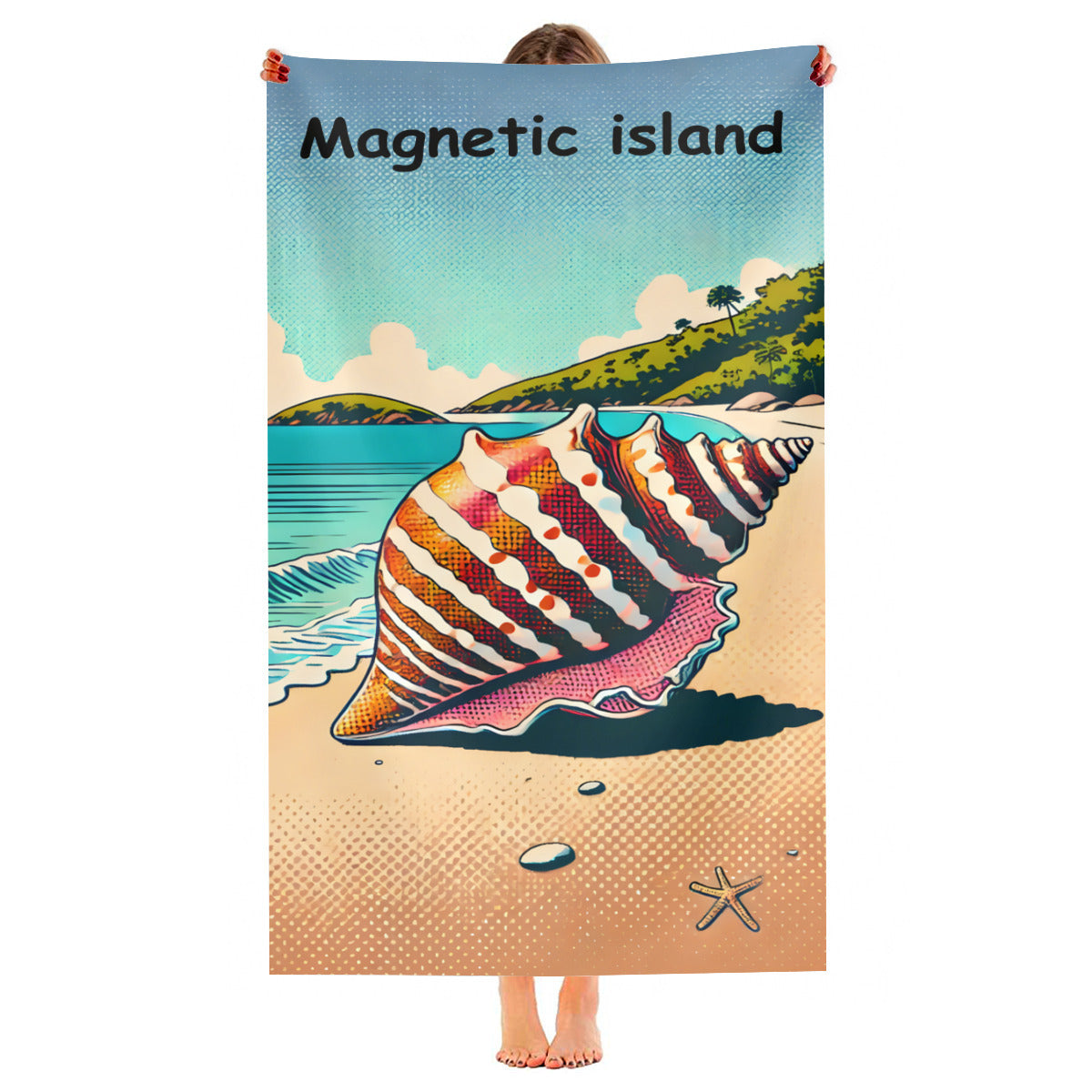 Shell beach towel held up, full print shown