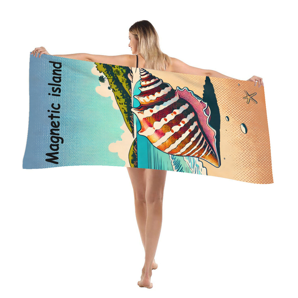 Shell beach towel draped over the shoulder at the beach
