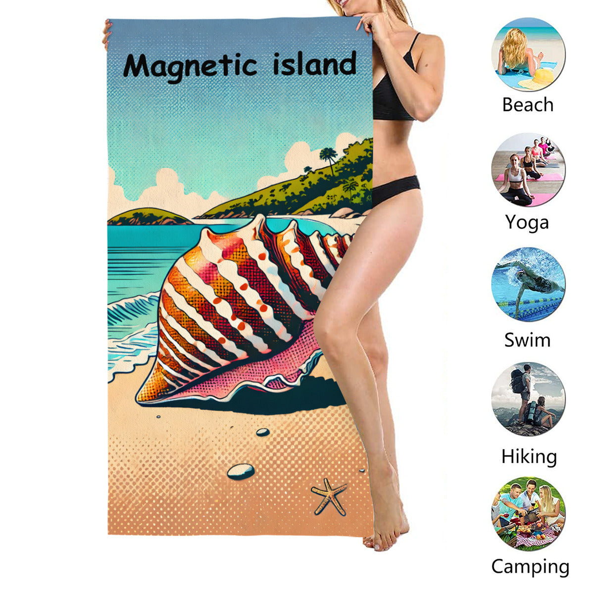 Shell beach towel size shown, suited to beach, yoga, swimming, hiking and camping