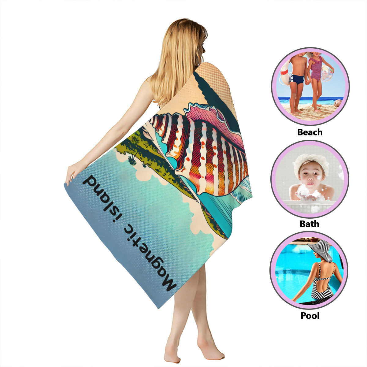 Shell beach towel wrapped around the body, for beach, bath or pool