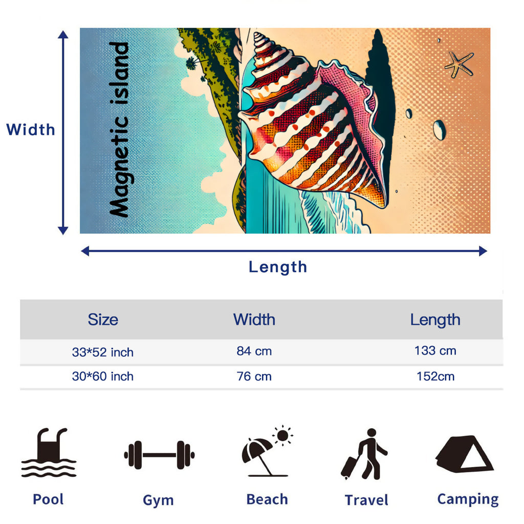 Size chart for the beach towel, 33 x 52 inch and 30 x 60 inch