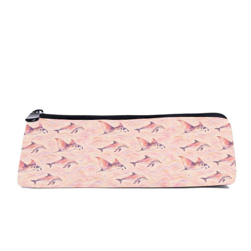 Slim zip pencil case printed with pink, peach and purple watercolour dolphins and rays