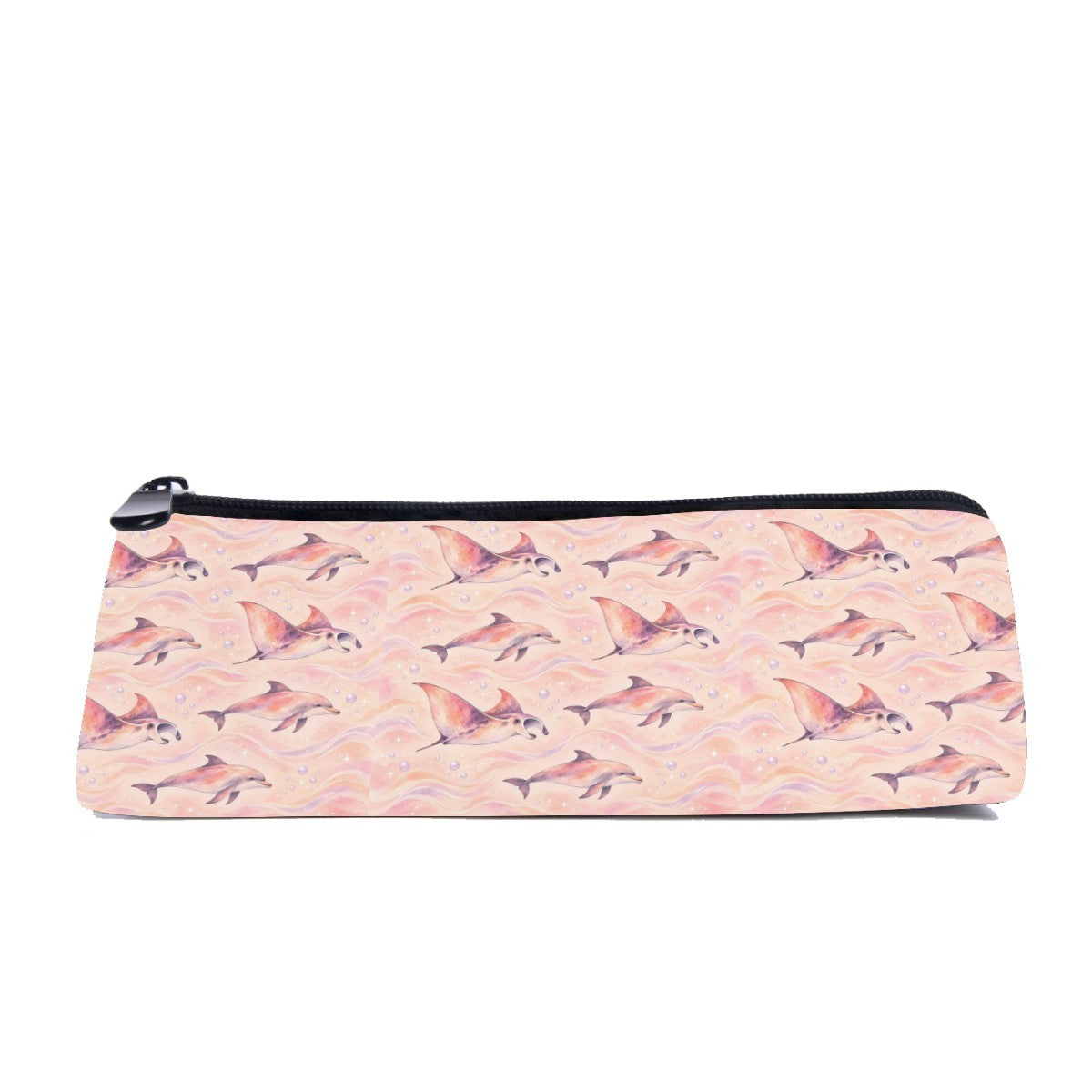Slim zip pencil case printed with pink, peach and purple watercolour dolphins and rays