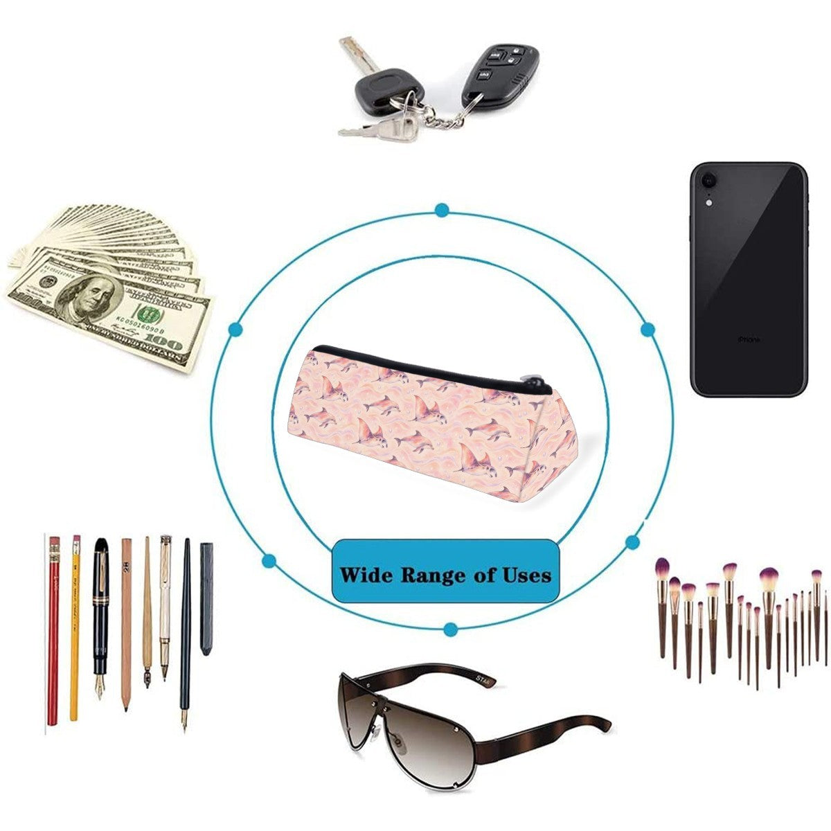 Dolphin and ray pencil case shown with items it can hold, including pens, brushes, keys and a phone