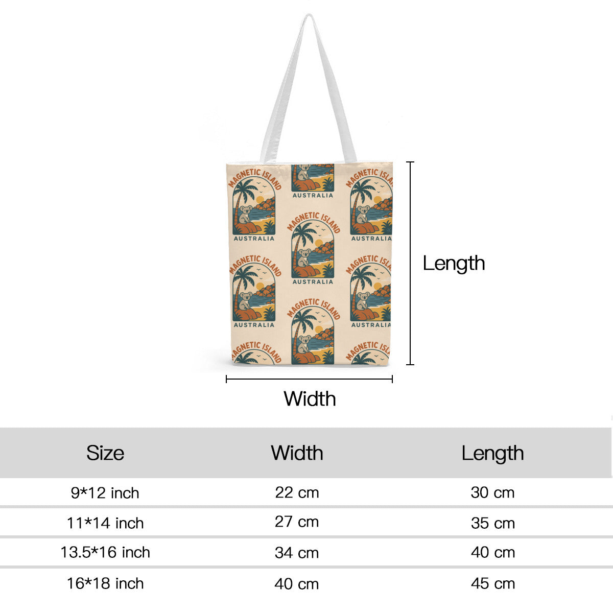 Retro Magnetic Island tote bag size chart: S, M, L and XL dimensions