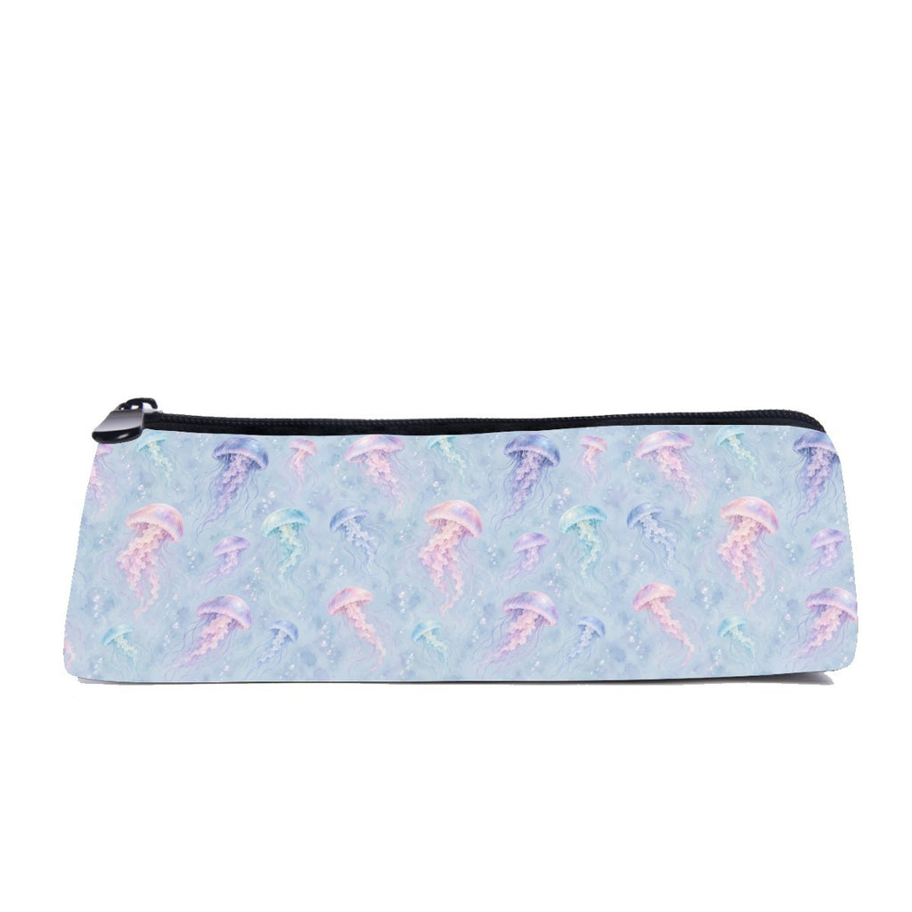 Slim zip pencil case printed with pastel pink, lilac and aqua jellyfish on pale blue