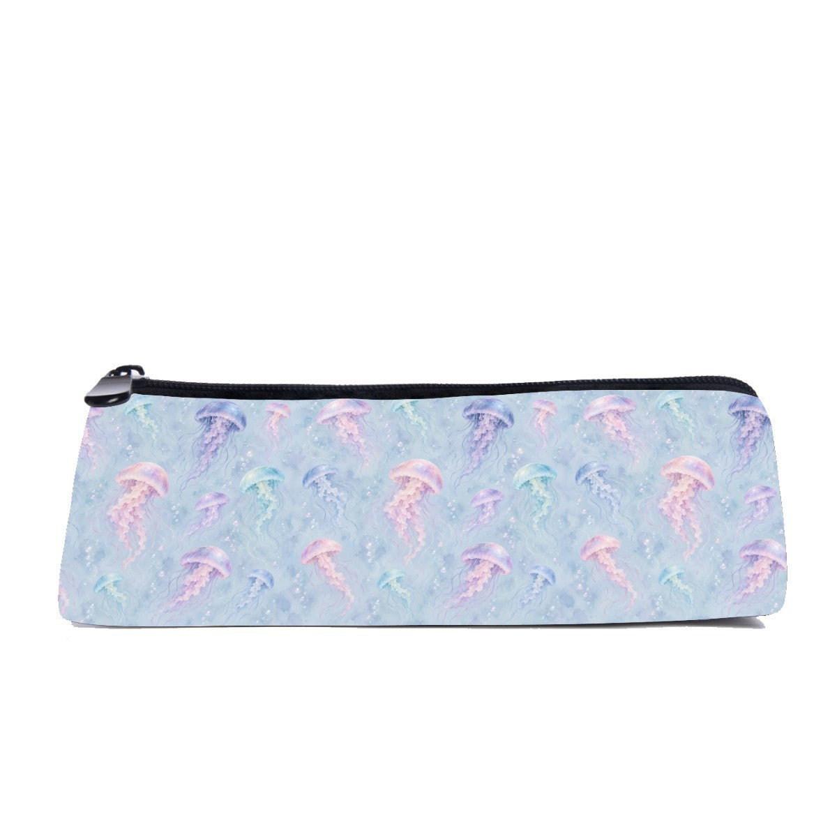 Slim zip pencil case printed with pastel pink, lilac and aqua jellyfish on pale blue