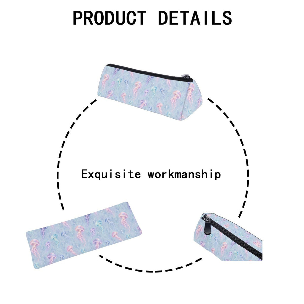 Product details diagram of the pencil case showing the zip and stitching