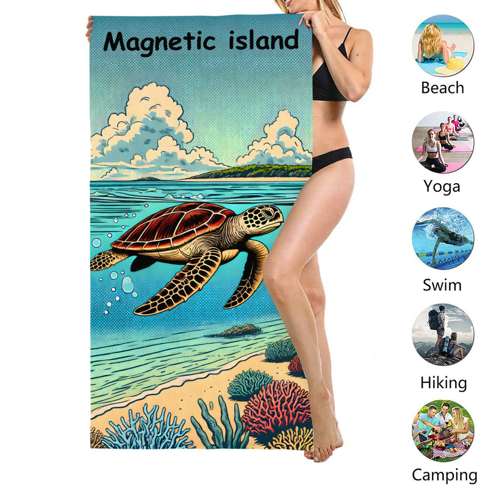 Turtle beach towel size shown, suited to beach, yoga, swimming, hiking and camping