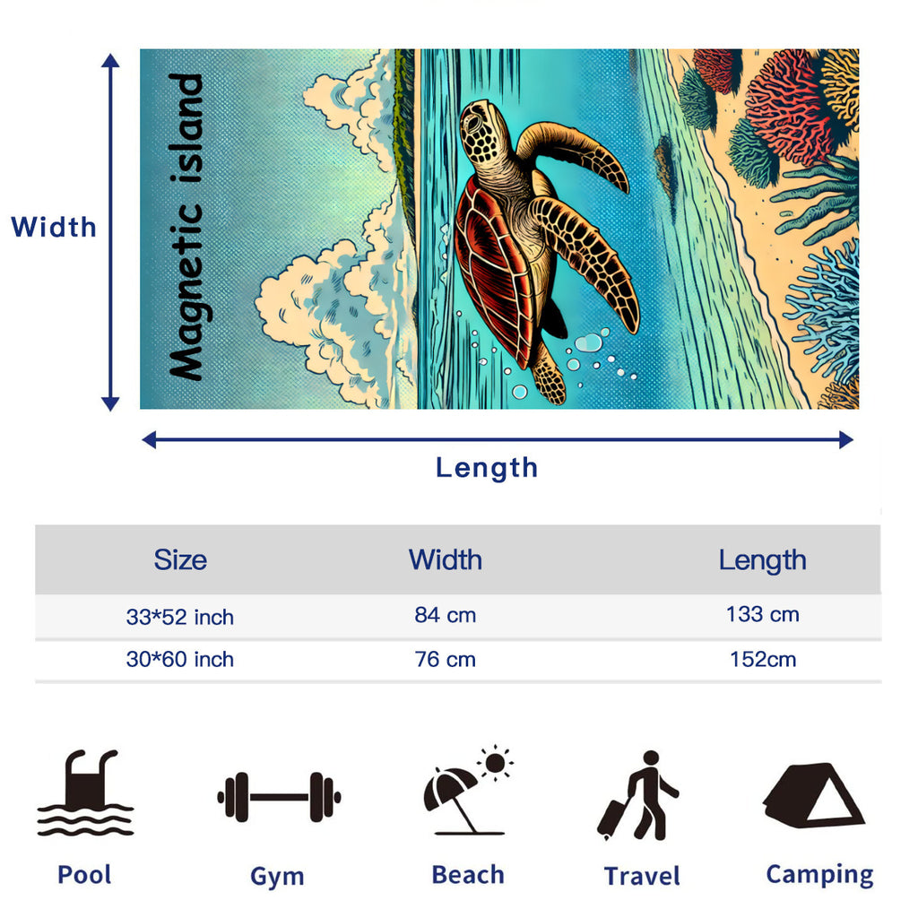 Size chart for the beach towel, 33 x 52 inch and 30 x 60 inch