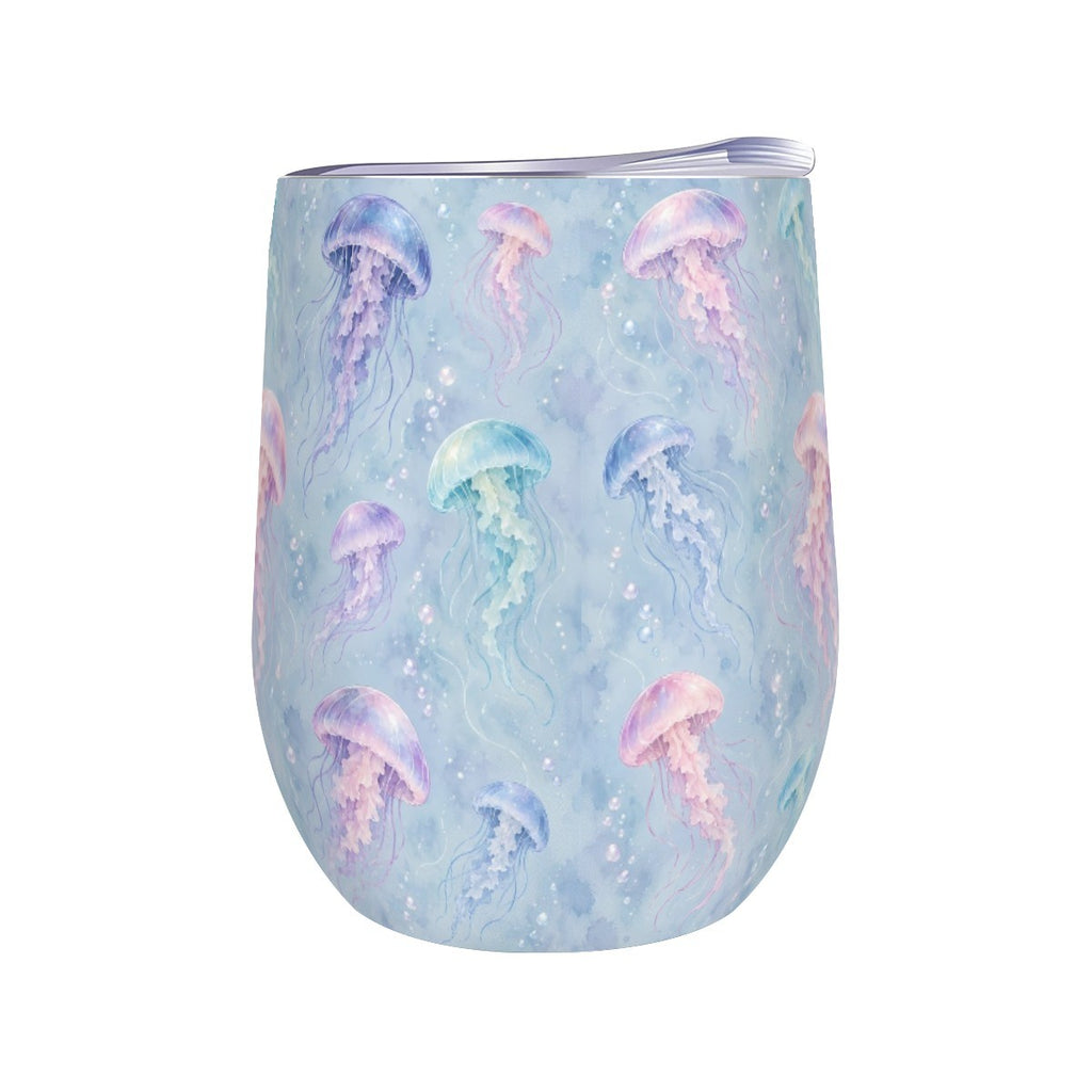 White stemless wine tumbler printed with a repeating pattern of jellyfish