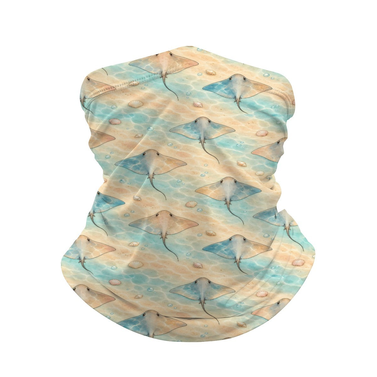 Neck gaiter and diving headband with blue stingrays on diagonal bands of peach, sand and teal