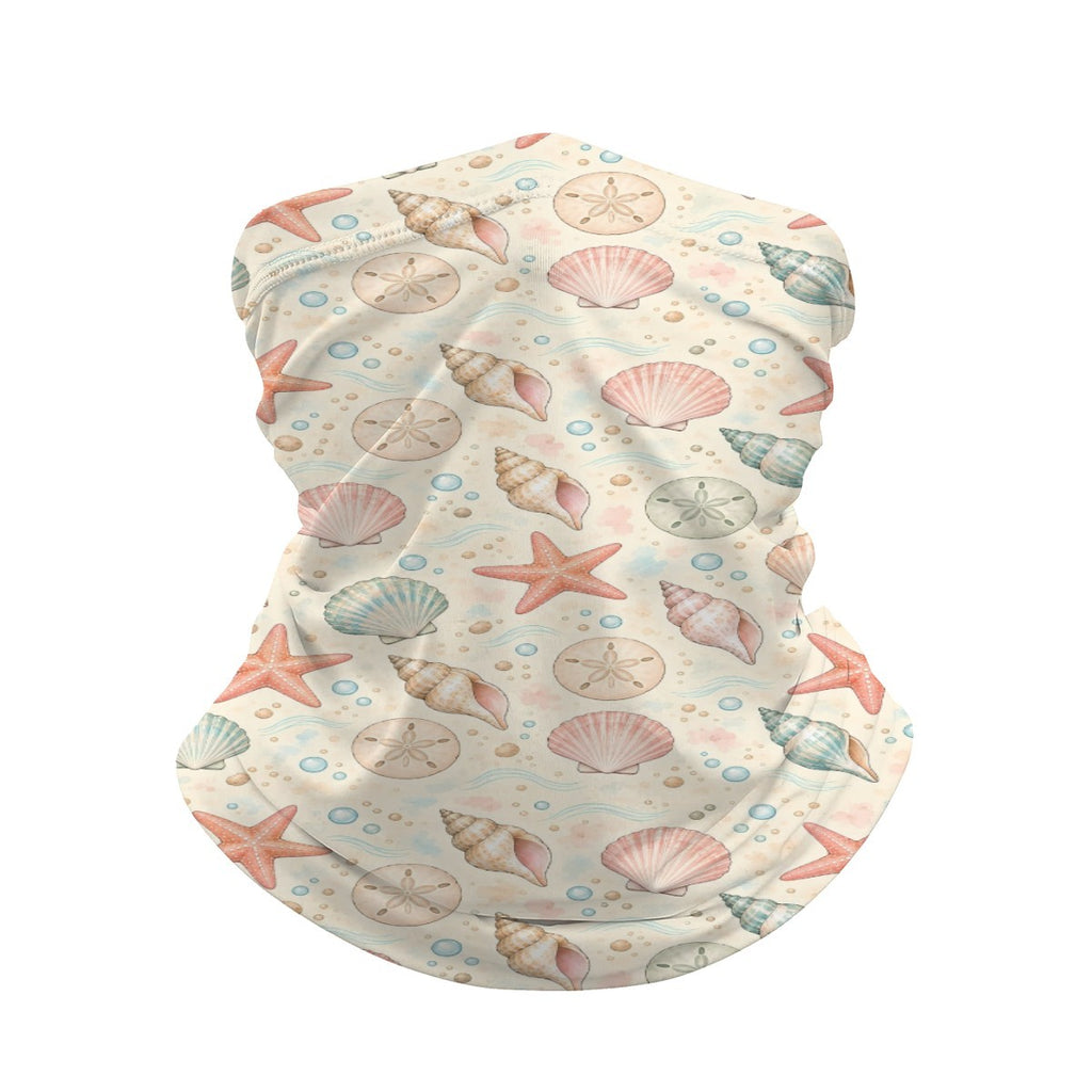 Neck gaiter and diving headband with coral red starfish, scallops and conch shells on a cream and beige background