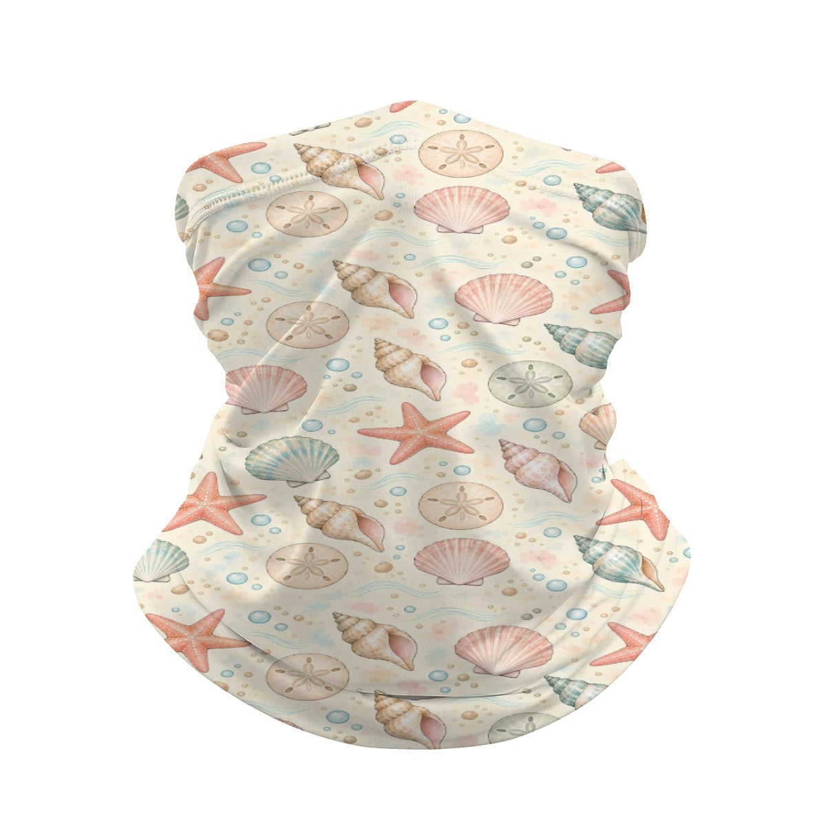 Neck gaiter and diving headband with coral red starfish, scallops and conch shells on a cream and beige background
