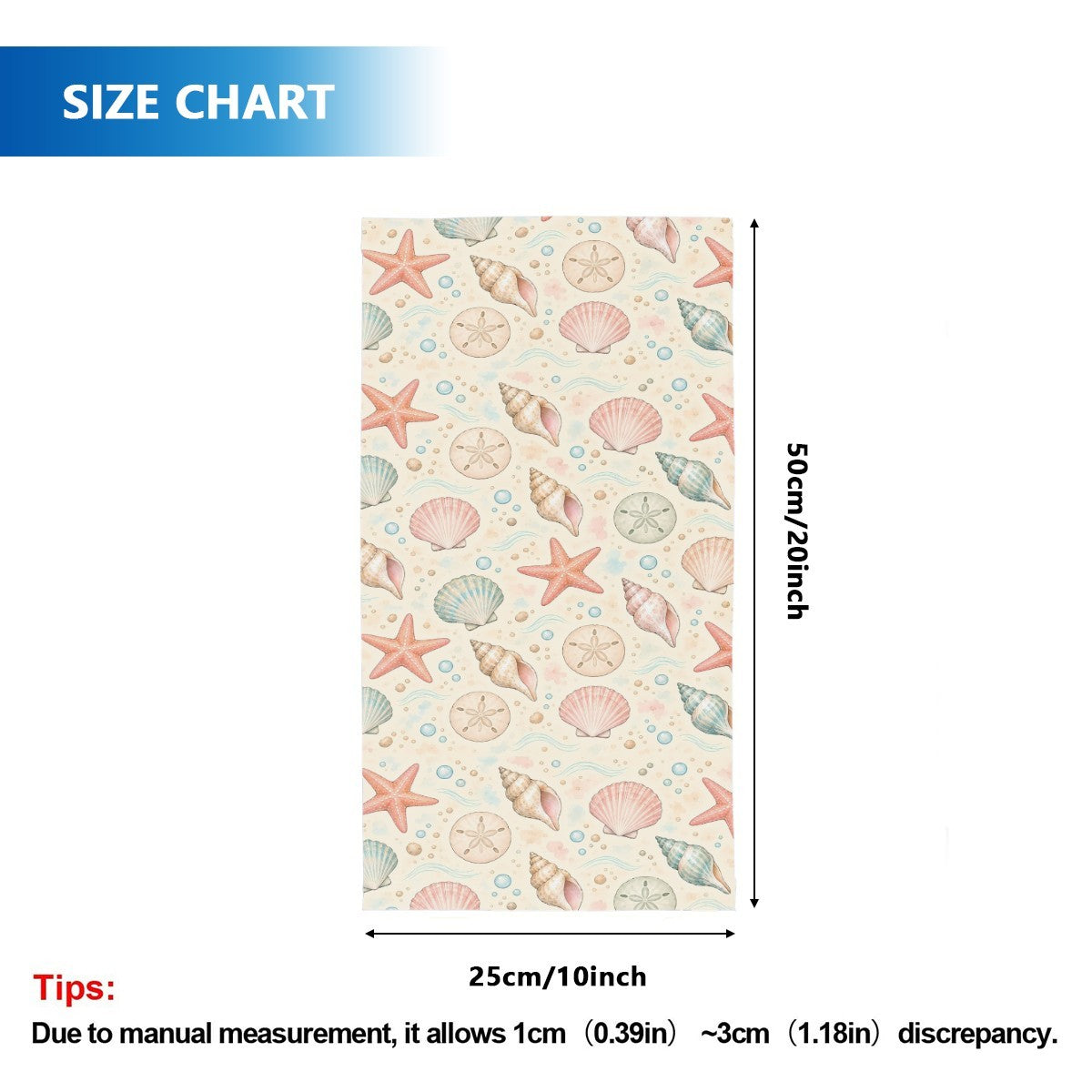 Size chart for the neck gaiter, a tube about 50 cm long and 25 cm wide when flat