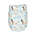 White stemless wine tumbler printed with a repeating pattern of pelicans