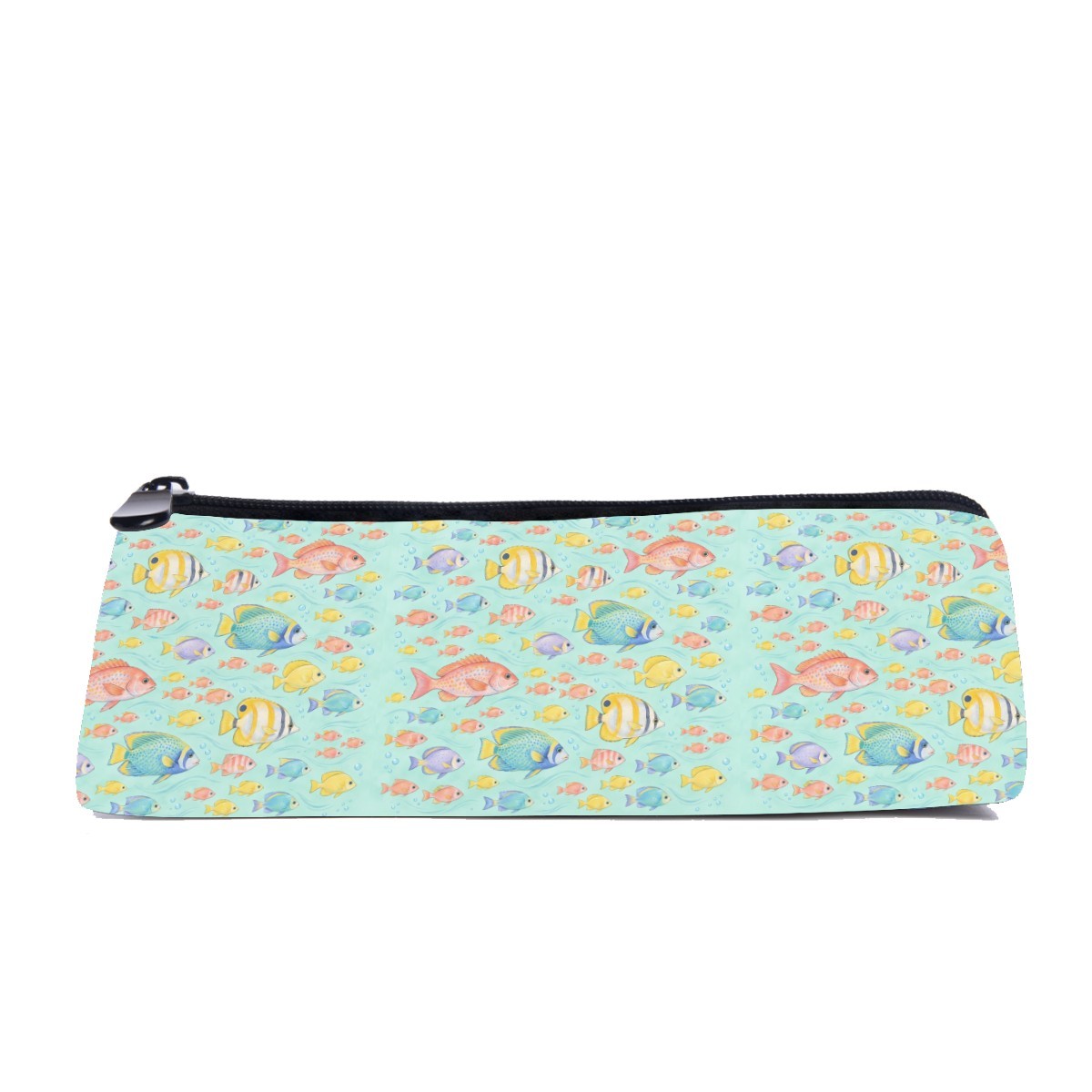 Slim zip pencil case printed with tropical reef fish in yellow, blue and coral on mint aqua