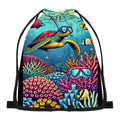 Snorkelling turtle reef design on a drawstring bag, front view.