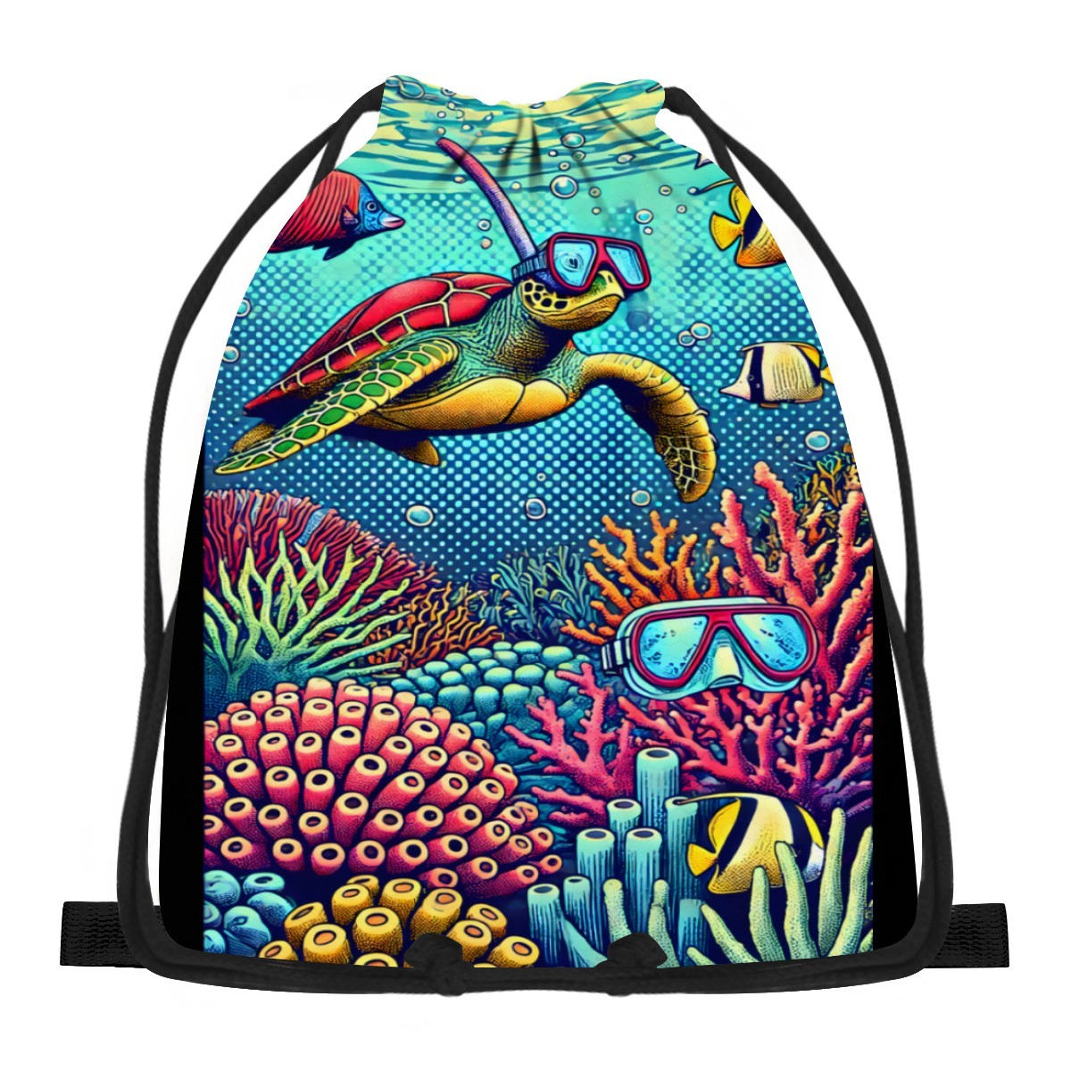 Snorkelling turtle reef design on a drawstring bag, front view.