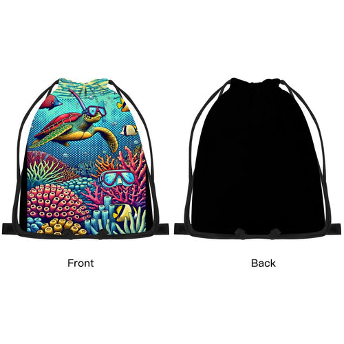 Front and back view of the snorkelling turtle drawstring bag, plain black on the reverse.