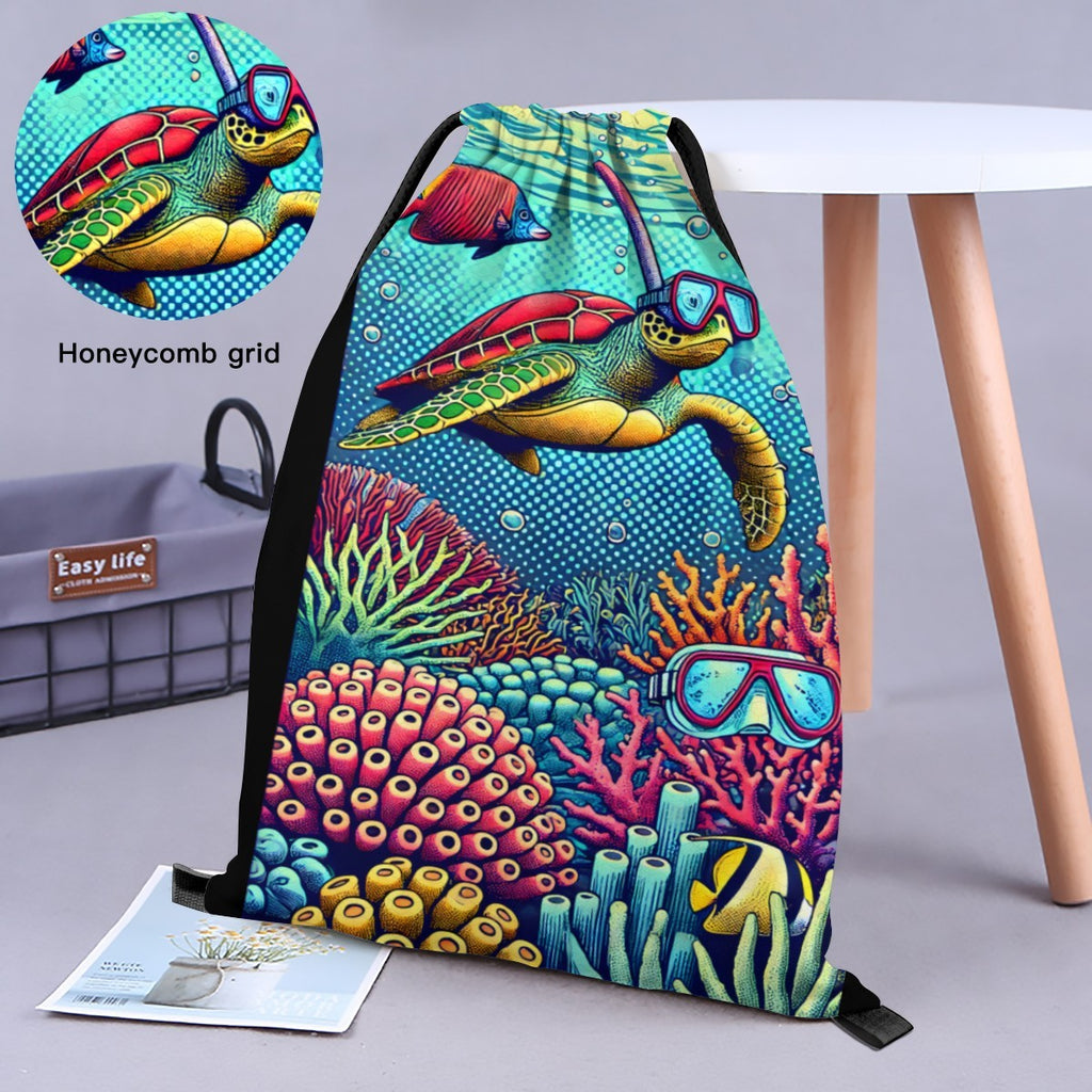 Close-up of the woven fabric texture on the snorkelling turtle drawstring bag.