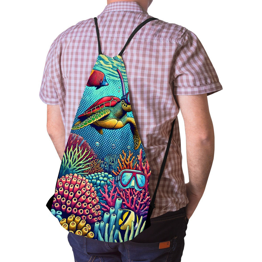 Snorkelling turtle drawstring bag worn on the back, straps over both shoulders.