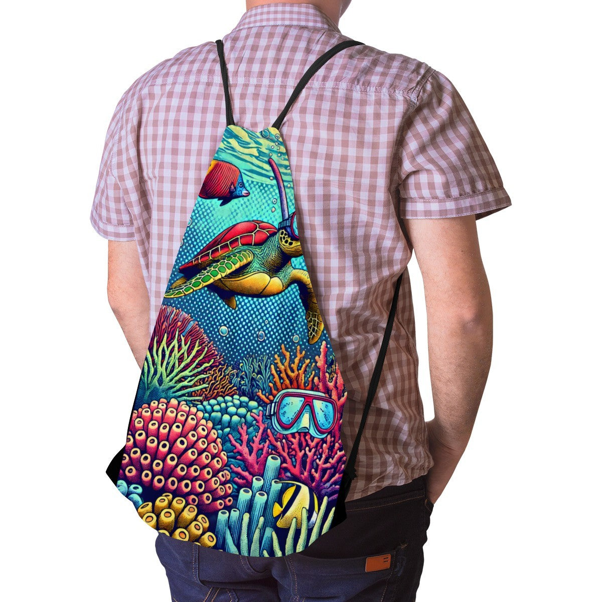 Snorkelling turtle drawstring bag worn on the back, straps over both shoulders.