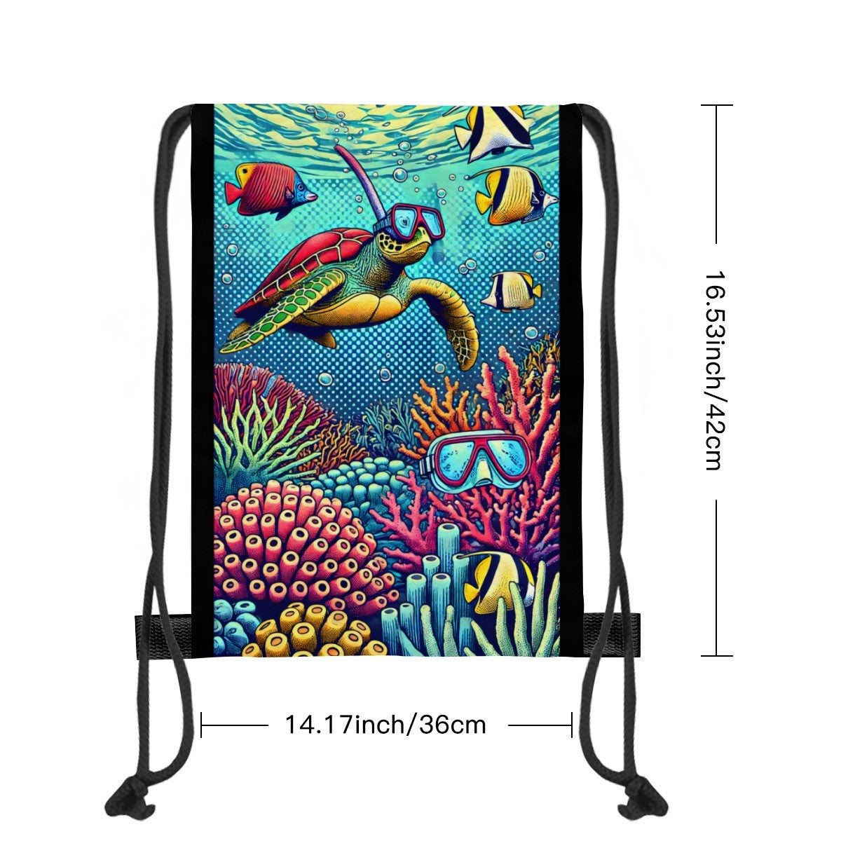 Size chart for the snorkelling turtle drawstring bag, 36cm wide by 42cm tall, one size.