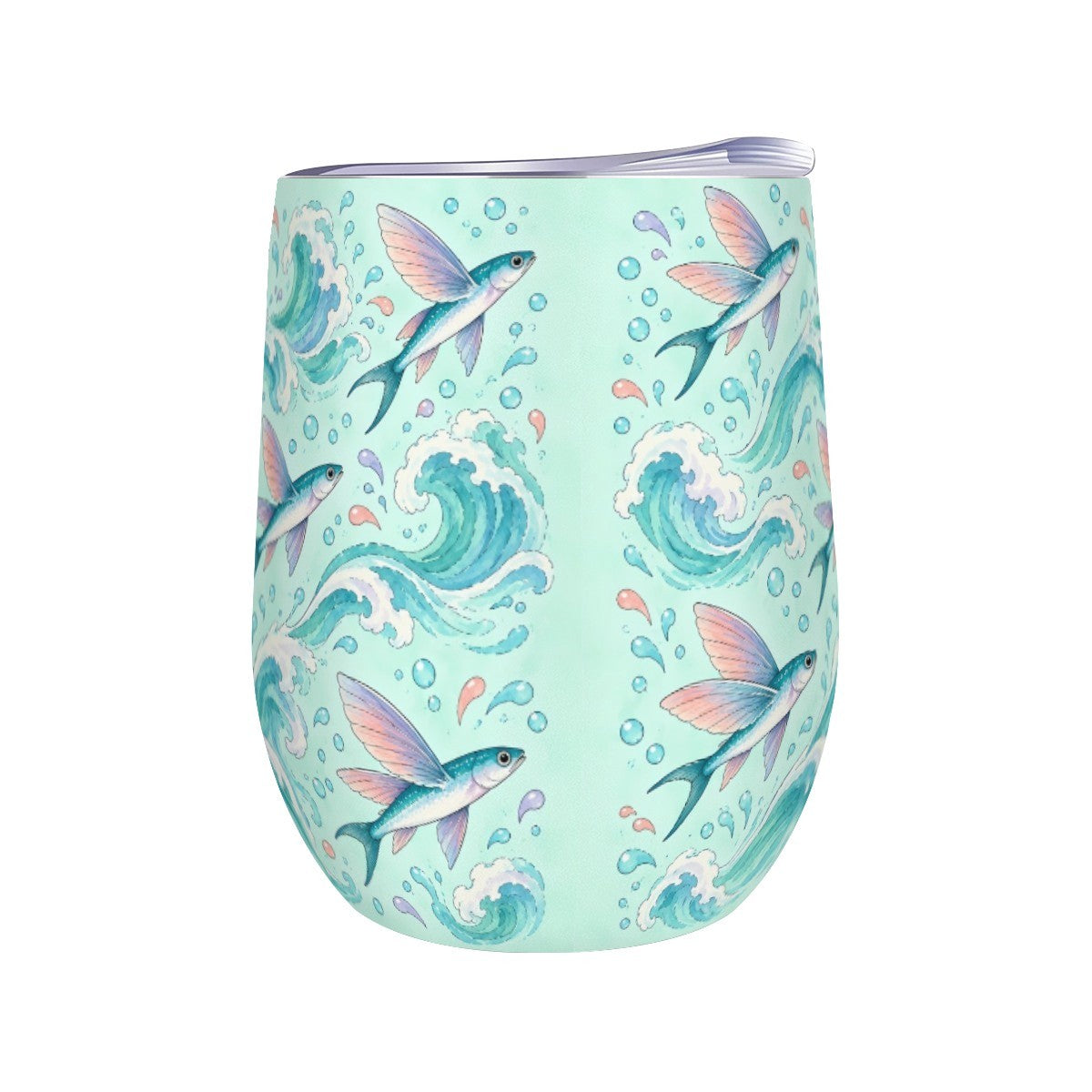 White stemless wine tumbler printed with a repeating pattern of flying fish