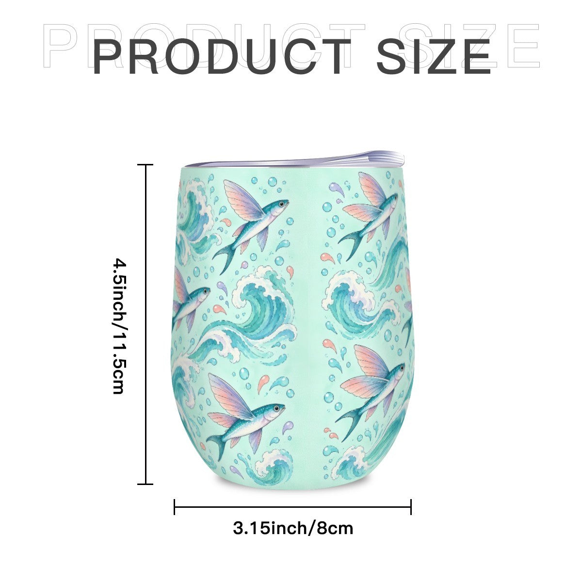 Size diagram of the flying fish tumbler showing its height and width