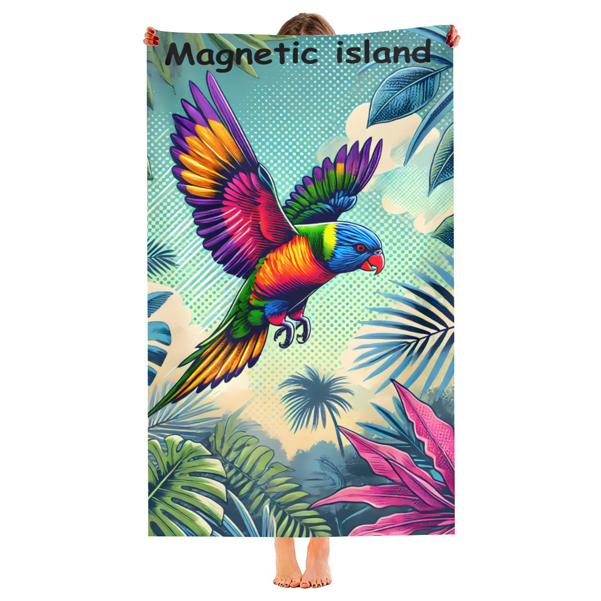 Rainbow lorikeet beach towel held up, full print shown