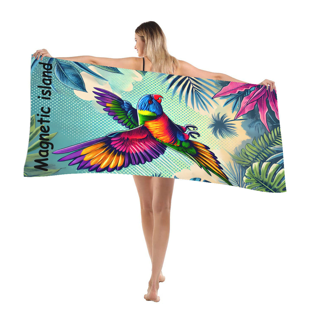 Rainbow lorikeet beach towel draped over the shoulder at the beach