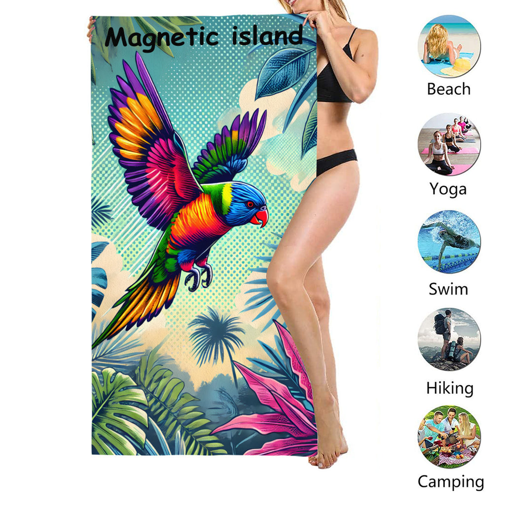 Rainbow lorikeet beach towel size shown, suited to beach, yoga, swimming, hiking and camping