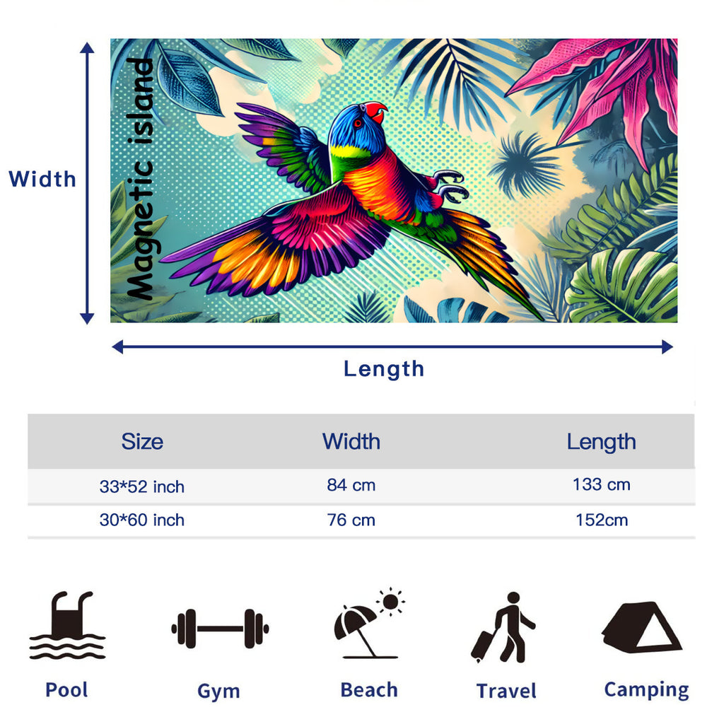 Size chart for the beach towel, 33 x 52 inch and 30 x 60 inch