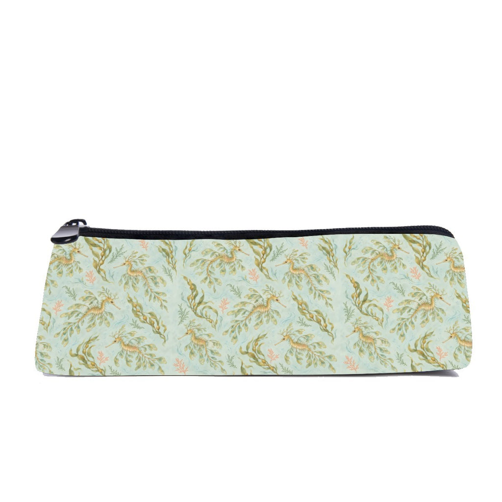 Slim zip pencil case printed with leafy sea dragons and kelp on pale mint green