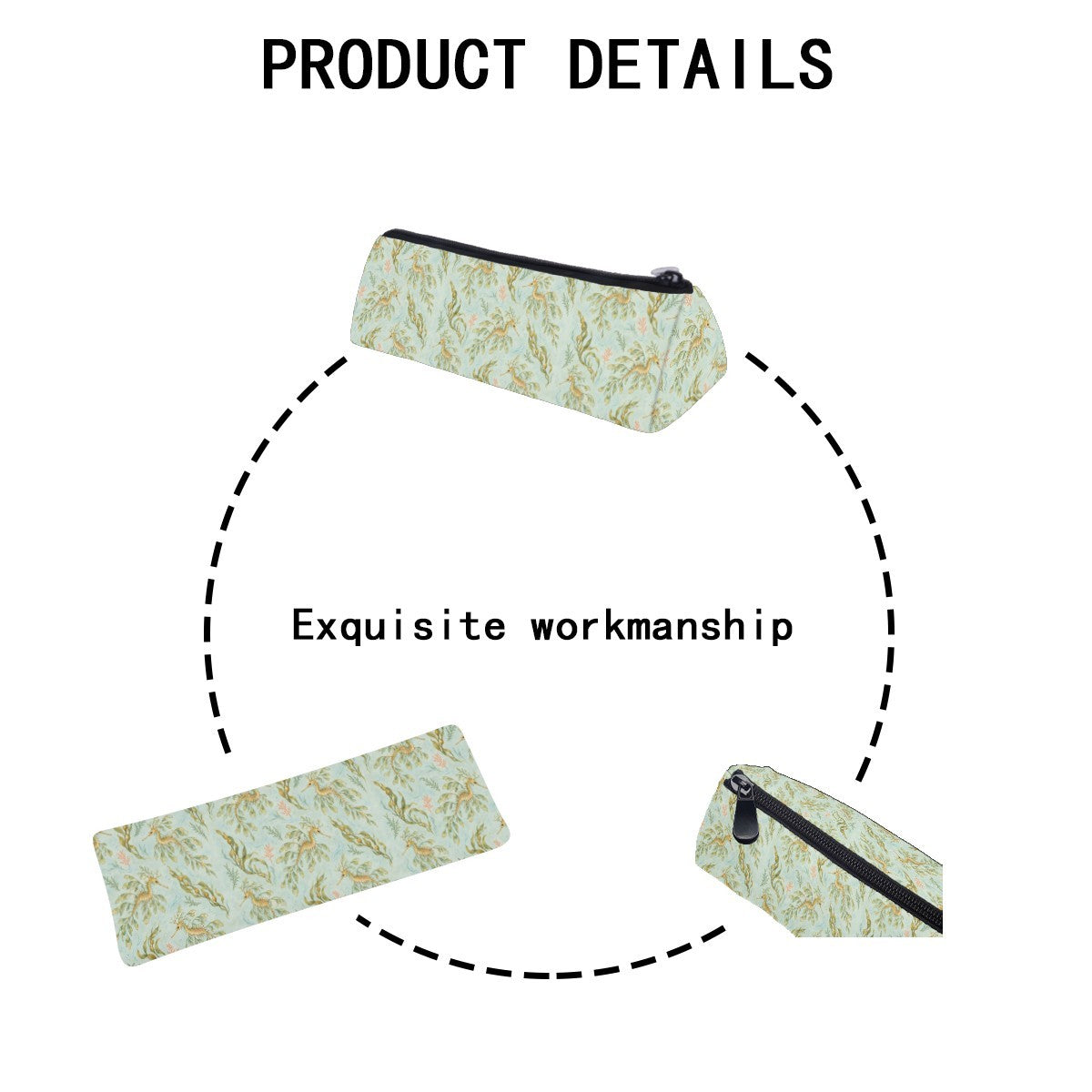 Product details diagram of the pencil case showing the zip and stitching