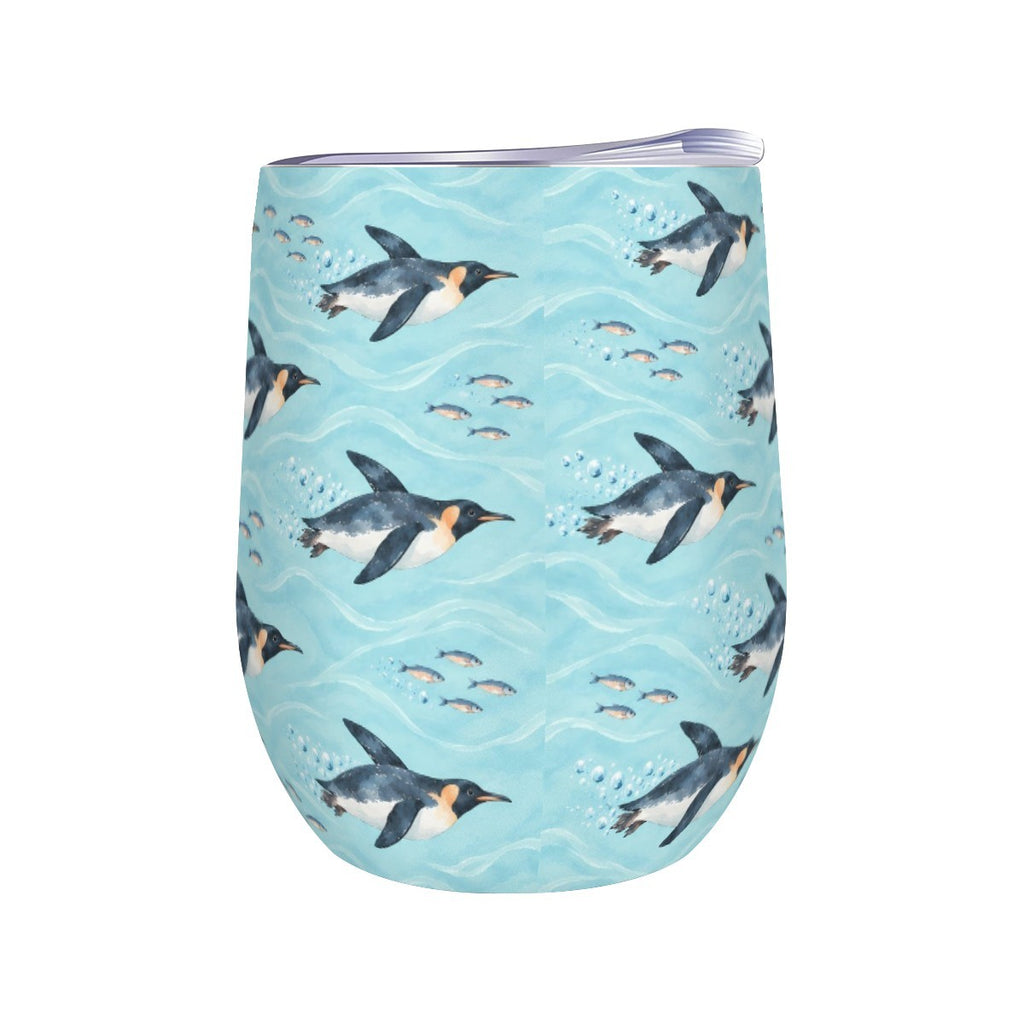 White stemless wine tumbler printed with a repeating pattern of penguins