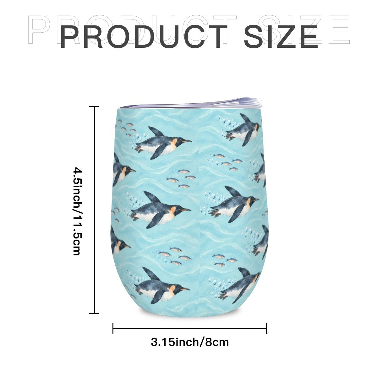 Size diagram of the penguin tumbler showing its height and width