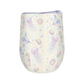 White stemless wine tumbler printed with a repeating pattern of jellyfish, seahorses and rays