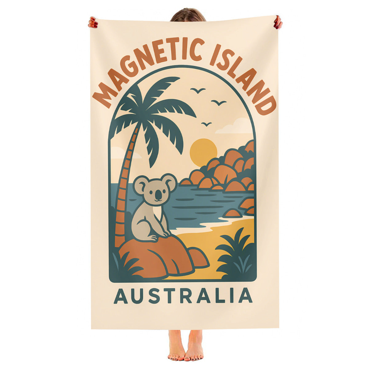 Retro Magnetic Island koala badge beach towel held up, full print shown