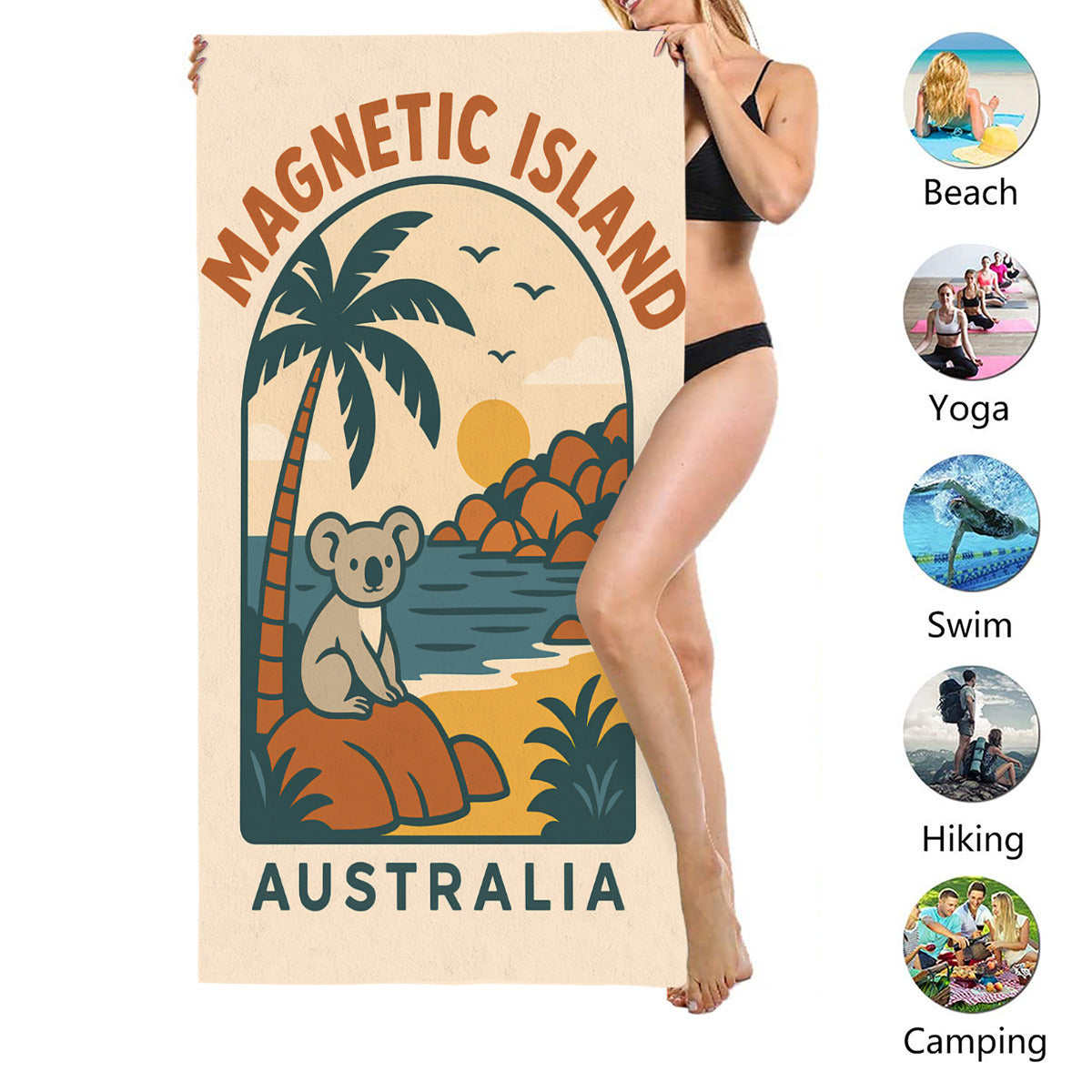 Retro Magnetic Island koala badge beach towel size shown, suited to beach, yoga, swimming, hiking and camping