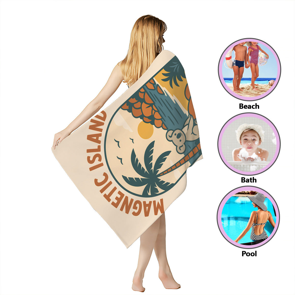 Retro Magnetic Island koala badge beach towel wrapped around the body, for beach, bath or pool
