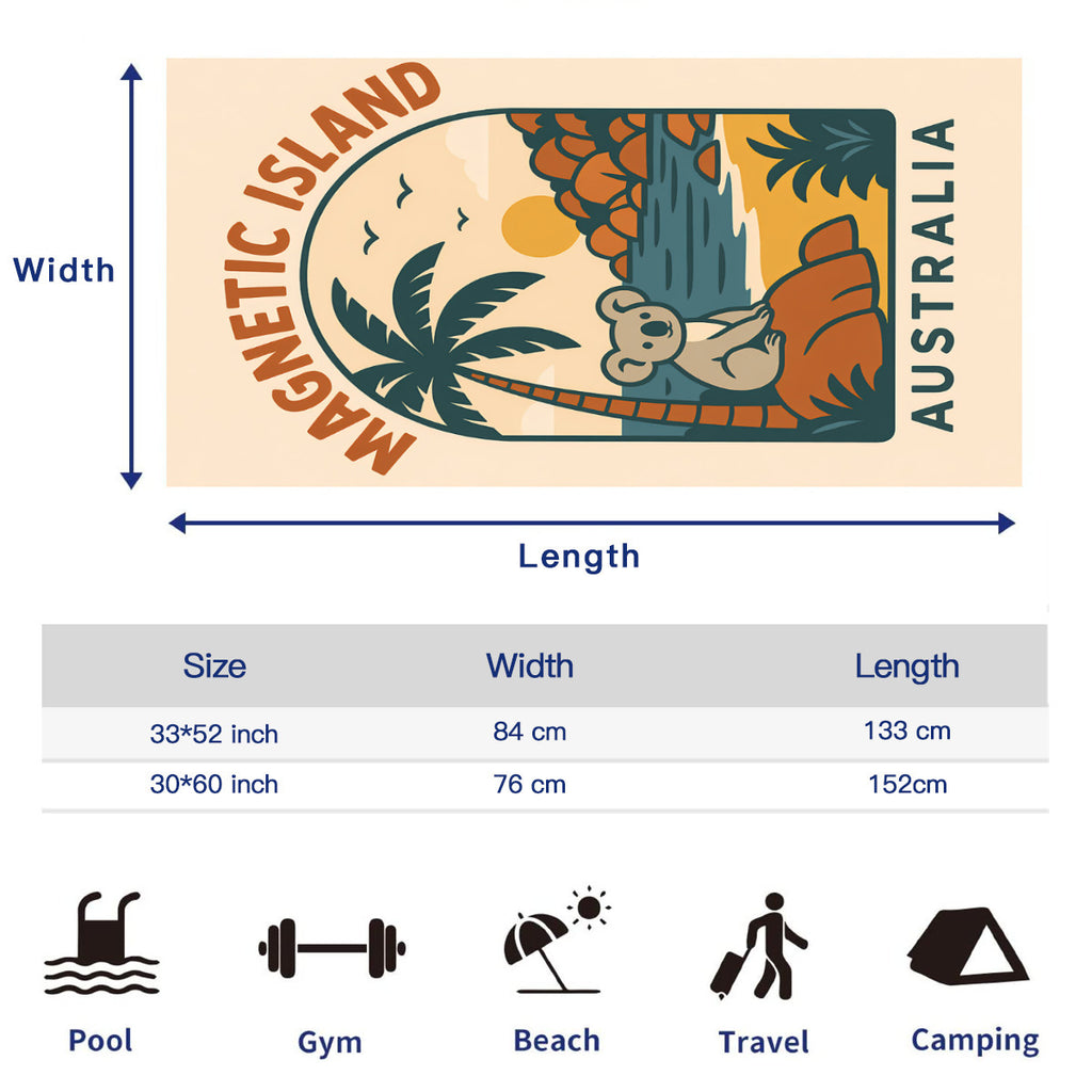 Size chart for the beach towel, 33 x 52 inch and 30 x 60 inch