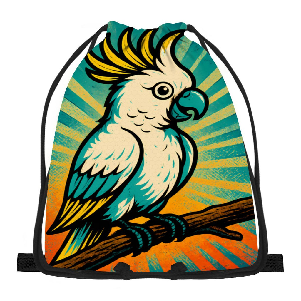 Retro cockatoo design on a drawstring bag, front view.