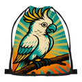 Retro cockatoo design on a drawstring bag, front view.