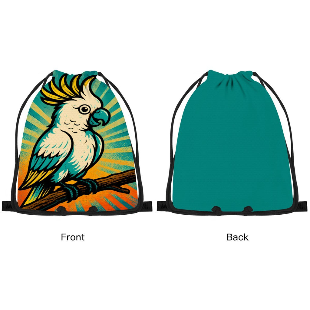 Front and back view of the retro cockatoo drawstring bag, plain black on the reverse.