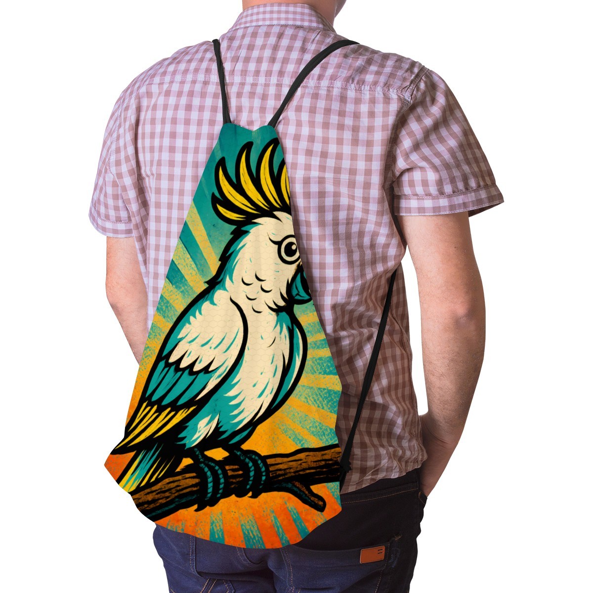Retro cockatoo drawstring bag worn on the back, straps over both shoulders.